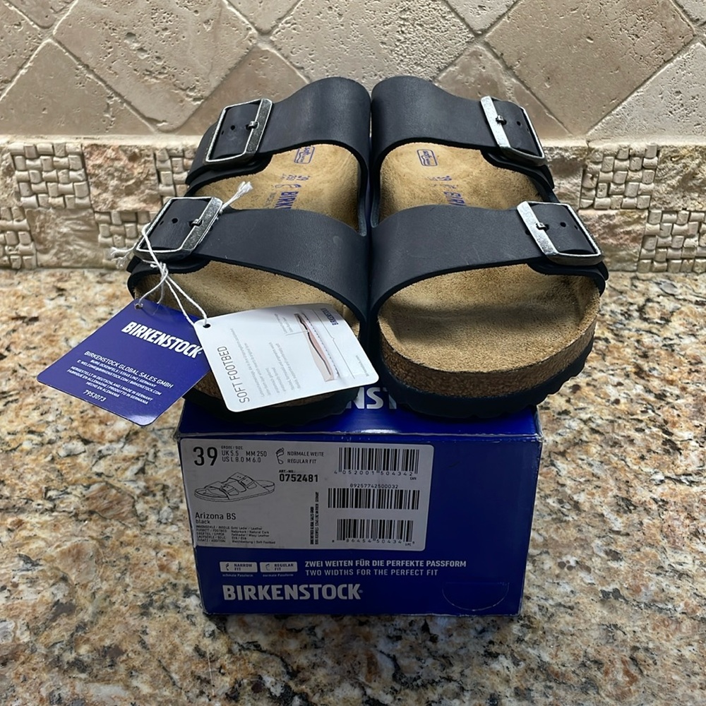 BIRKENSTOCK Black Arizona Soft Footbed, Oiled Leather, Reg. Fit, EU 39/M6/L8